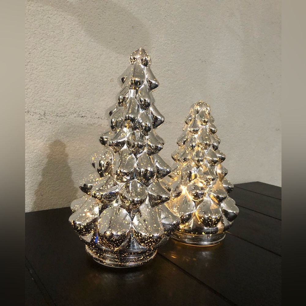 Silver Ceramic Lighted Holiday Tree Décor - Set of 2